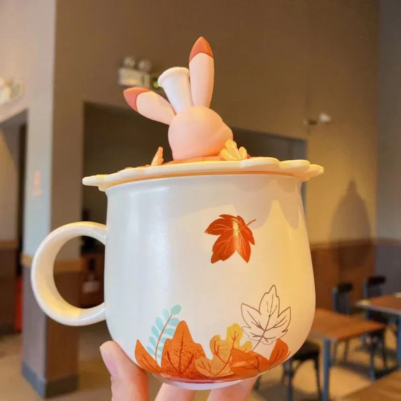 Autumn Forest Animal Ceramic Mug with Lid – Cute Fox, Rabbit & Squirrel Cup