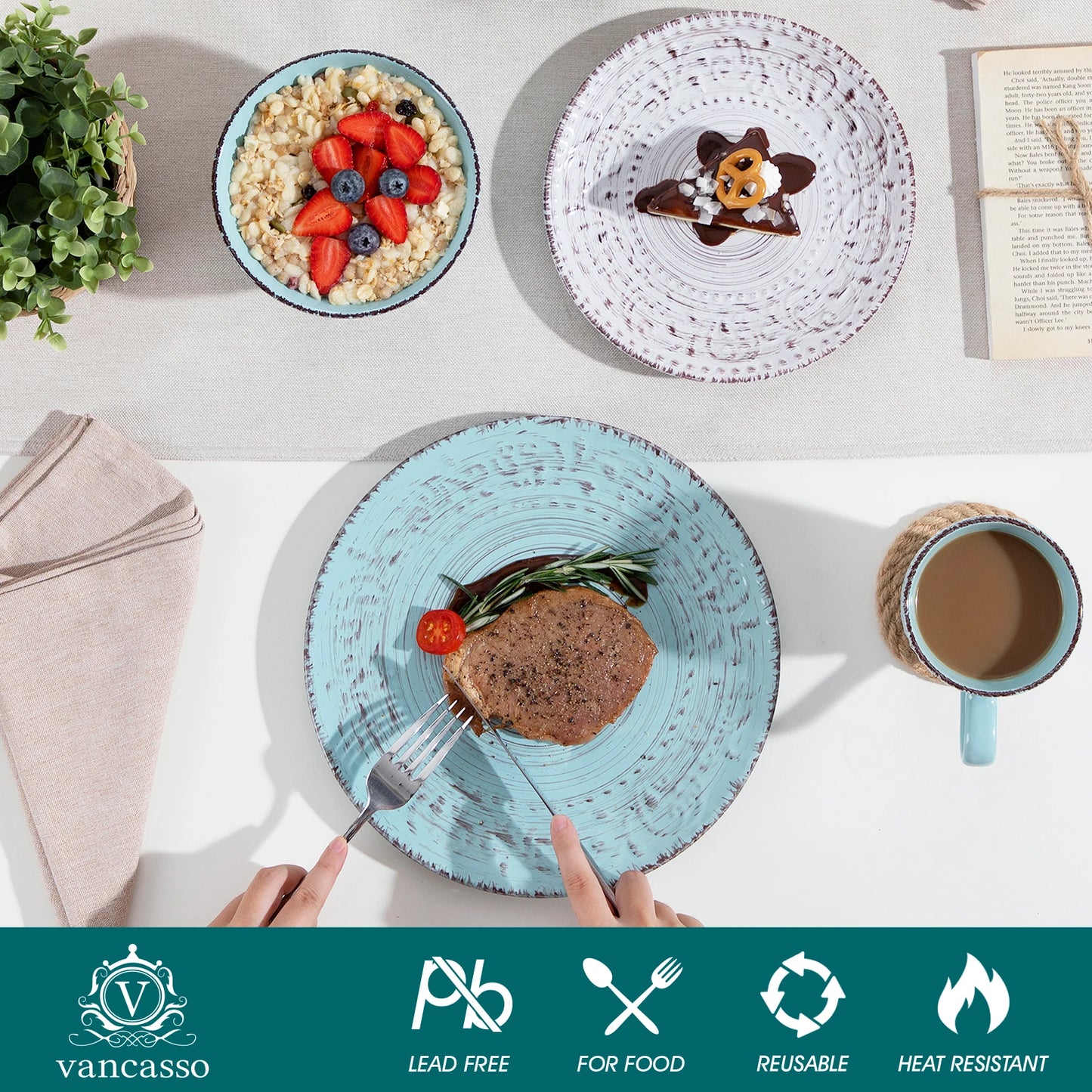 Vancasso VINE 16/32/48-Piece Ceramic Dinnerware Set | Rustic Stoneware Plates, Bowls & Mugs for 12-Person Dining
