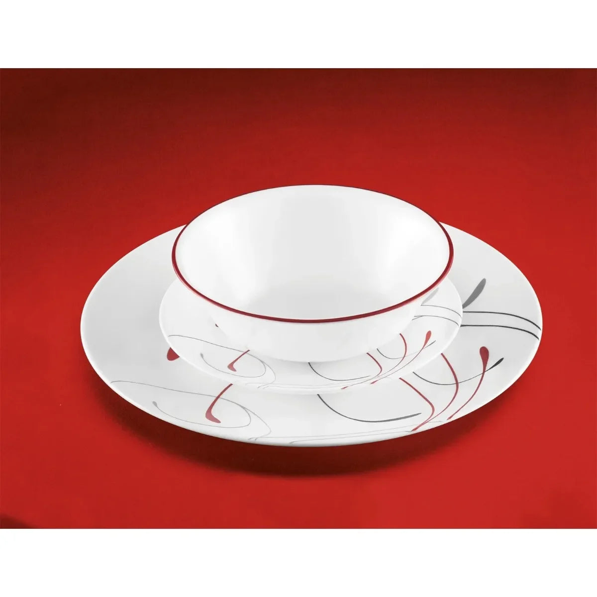 White and Red Dinnerware Set – 12-Piece Ceramic Plates & Bowls for 4, Durable & Dishwasher Safe