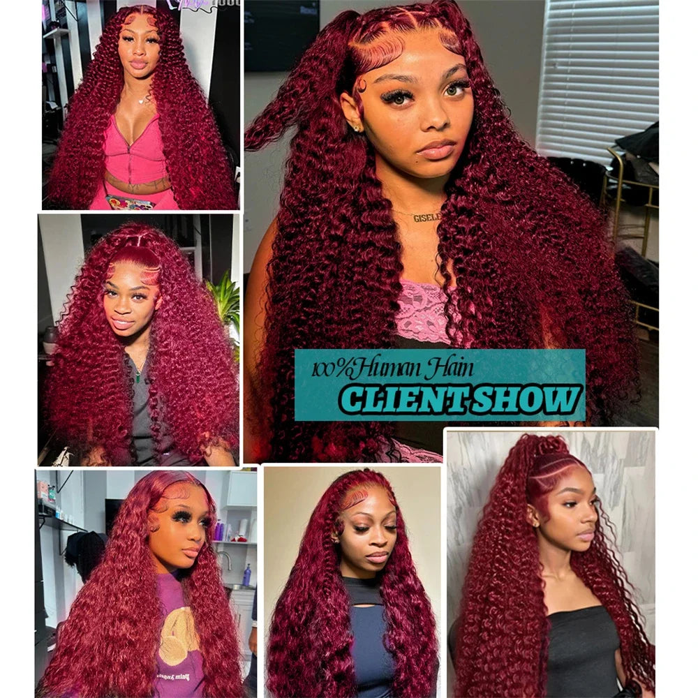 99J Burgundy Deep Wave Lace Frontal Human Hair Wig – 30 Inch HD Transparent Lace