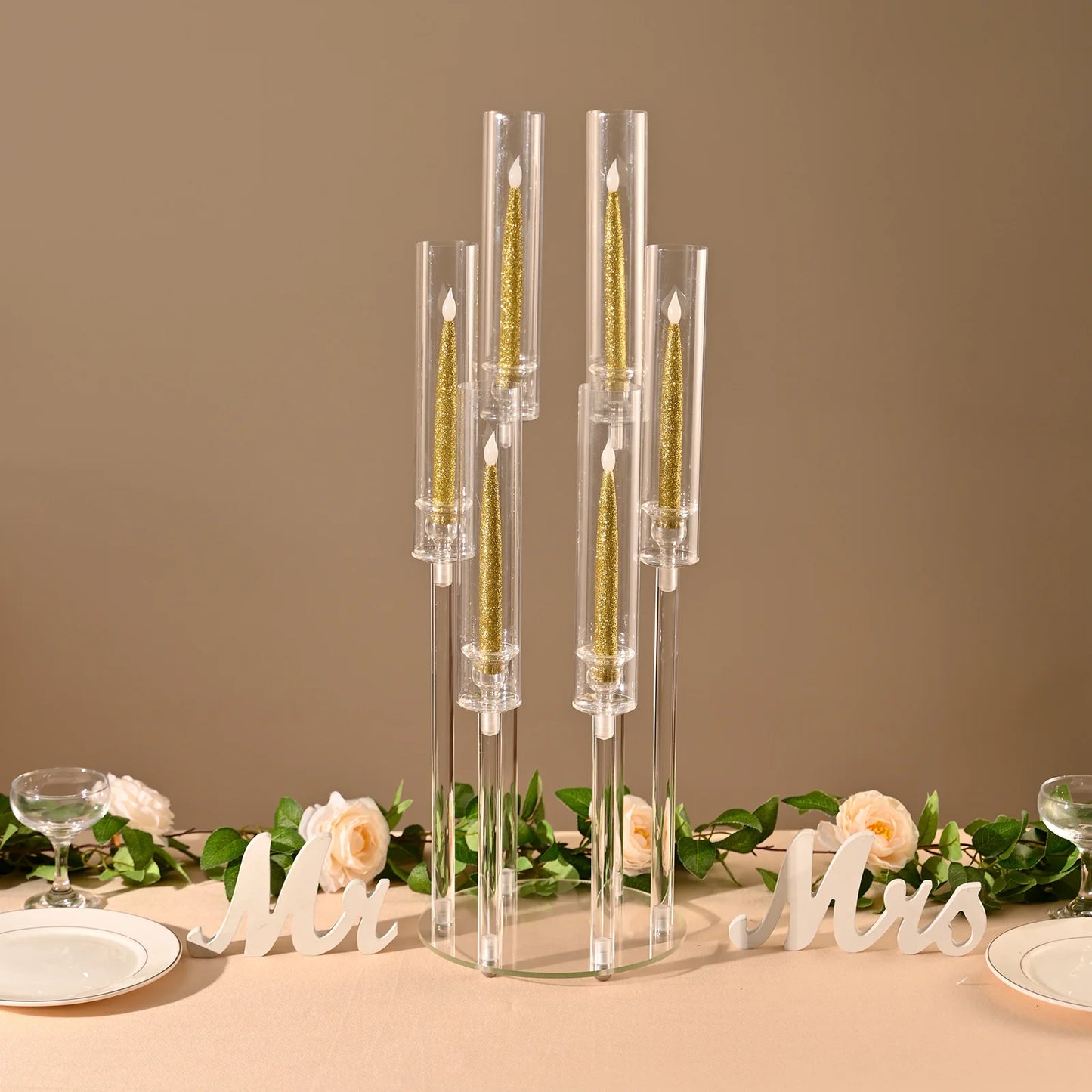 10Pcs Clear Acrylic 6-Arm Candelabra Candle Holders – Elegant Taper Candle Stand for Wedding & Party Decoration