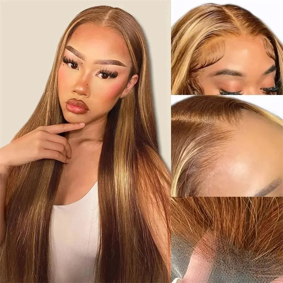 38" 4/27 Honey Blonde Ombre Straight HD Lace Front Human Hair Wig (13x6, Remy)