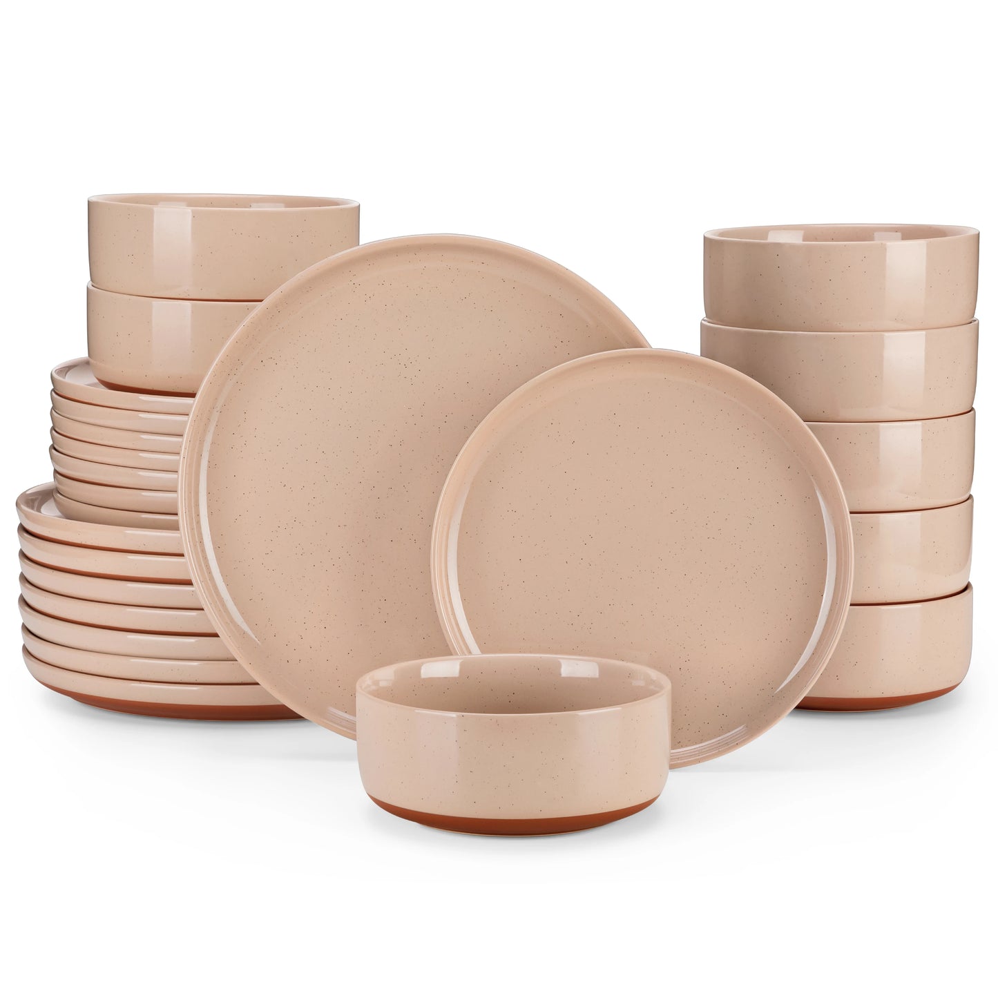 MALACASA TARA 12/24-Piece Stoneware Dinnerware Set – Curved Edge Sesame Glaze Plates & Bowls for 4/6 Person Dining