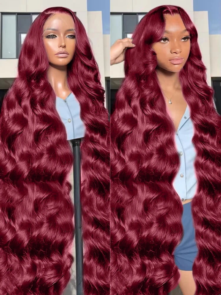 99J Burgundy Body Wave Lace Front Human Hair Wig – 200% Density, 13x4 / 13x6 HD Transparent Lace