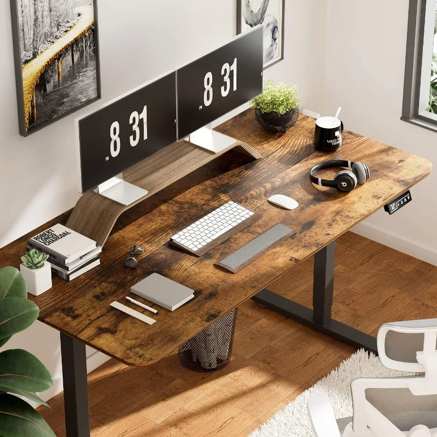55" Height Adjustable Electric Standing Desk – Rustic Brown Top, Black Leg | Home Office Computer Workstation