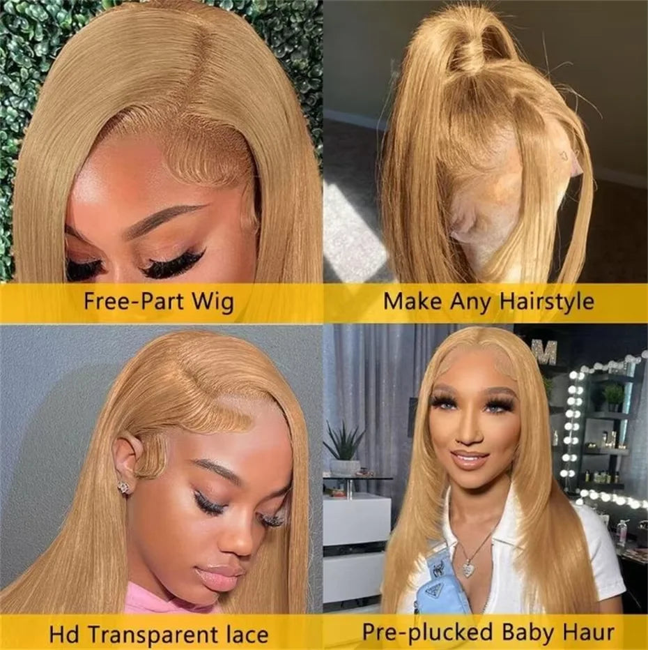 Bone Straight Honey Blonde 13x6 HD Lace Front Wig – 27# Brazilian Human Hair, Long Straight Glueless Wig
