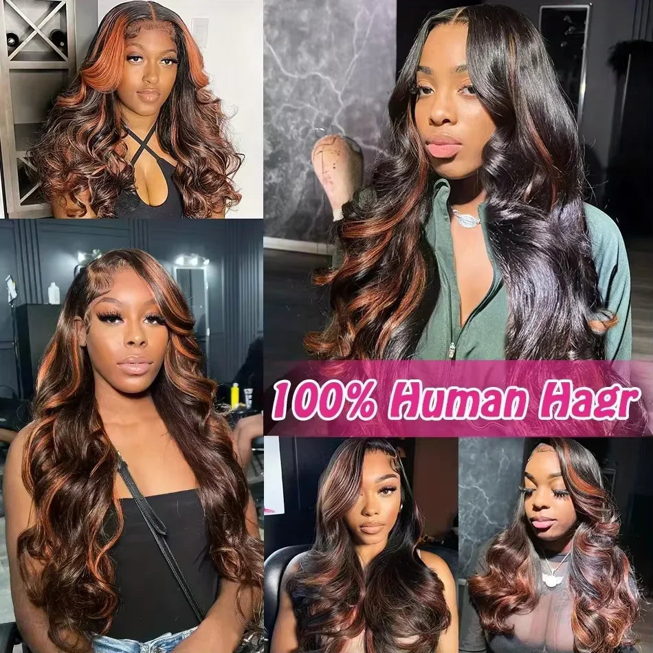1B/30 Black Brown Body Wave 13x6 HD Lace Front Human Hair Wig (P427 Highlight Ombre, Remy Brazilian Hair)