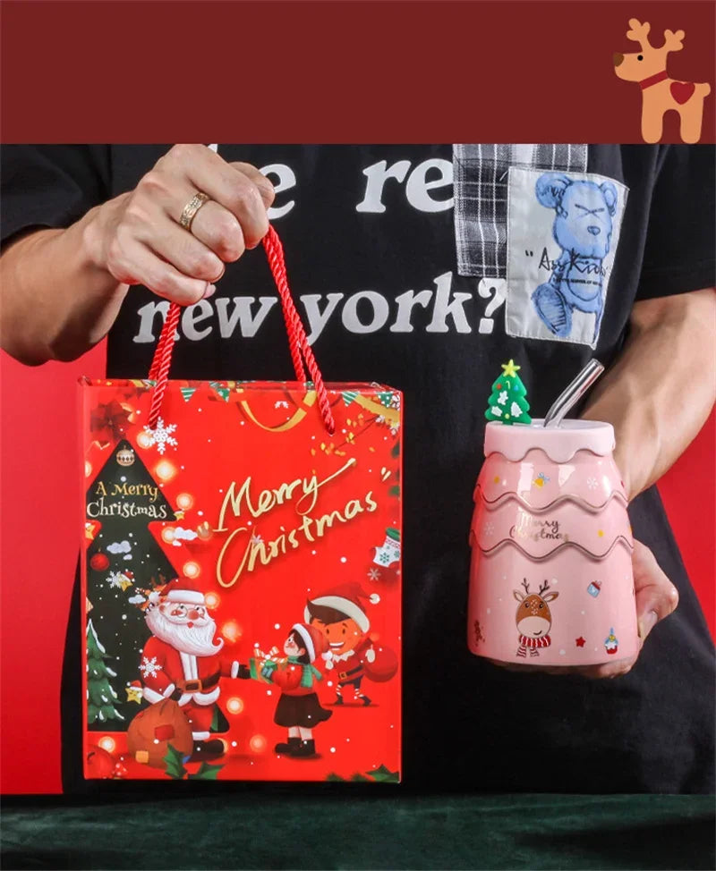 🎅 Christmas Ceramic Mug with Lid & Straw – Santa, Snowman & Tree Design Gift Cup