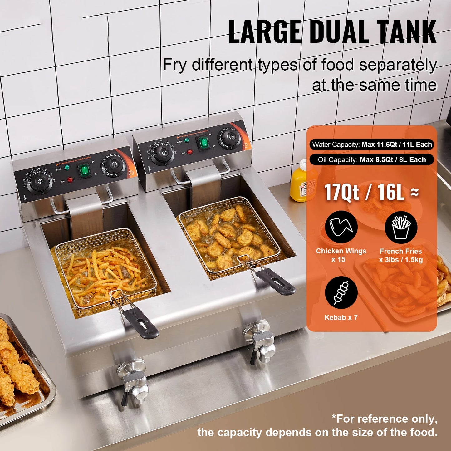 SucceBuy Dual Tank Electric Deep Fryer — Twin Basket 9.1 Qt Each Tank, Fast Heating, 220V Stainless Steel