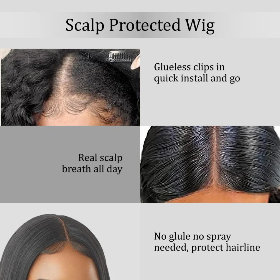 Glueless V Part Straight Human Hair Wig (220% Density, Natural Black, Beginner Friendly, No Leave Out)