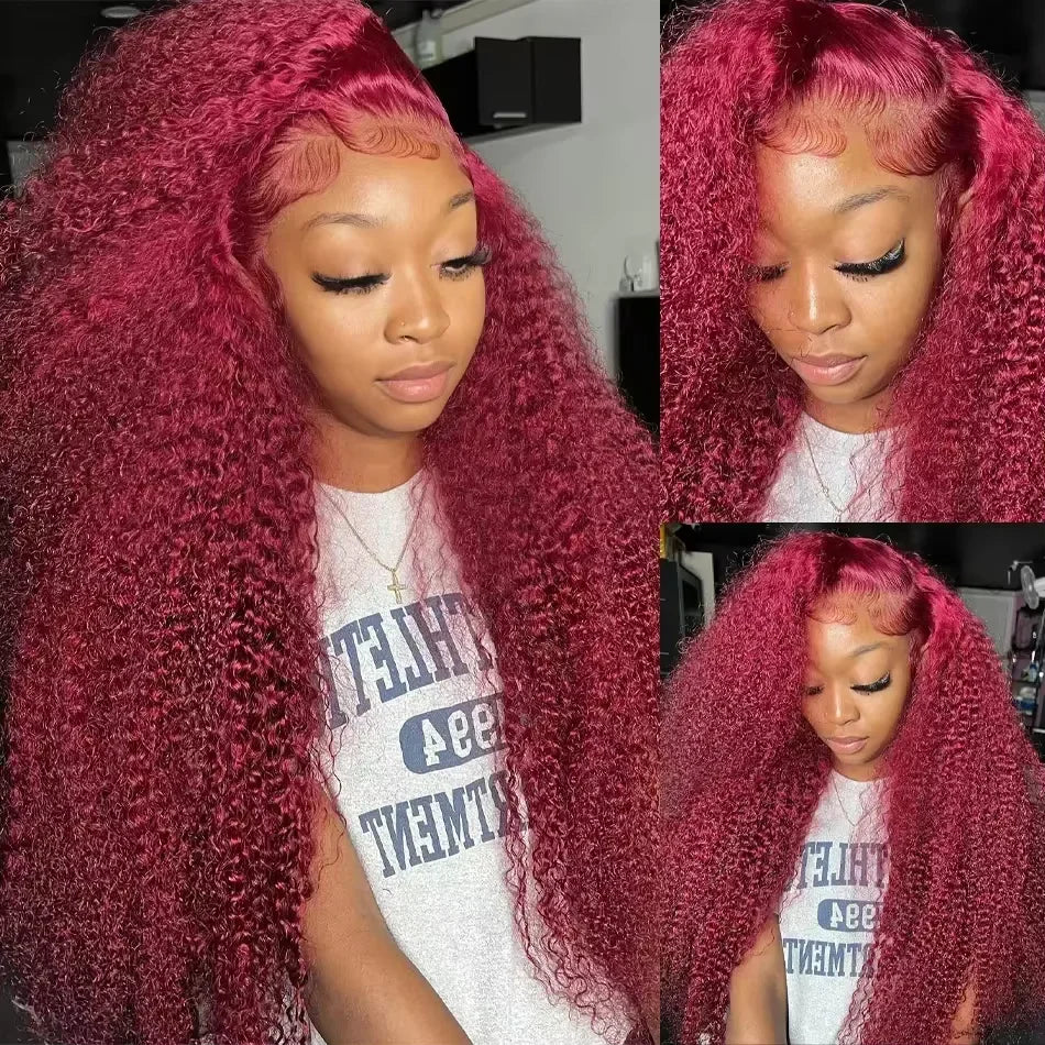 99J Burgundy Deep Wave HD Lace Front Wig – 13x6 & 13x4 Human Hair Frontal, Long Curly Red Wig
