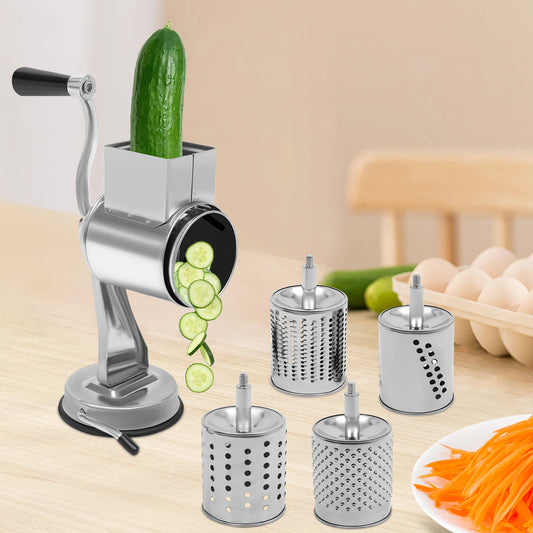 Manual Rotary Grater – 5-in-1 Stainless Steel Vegetable & Cheese Slicer Grinder