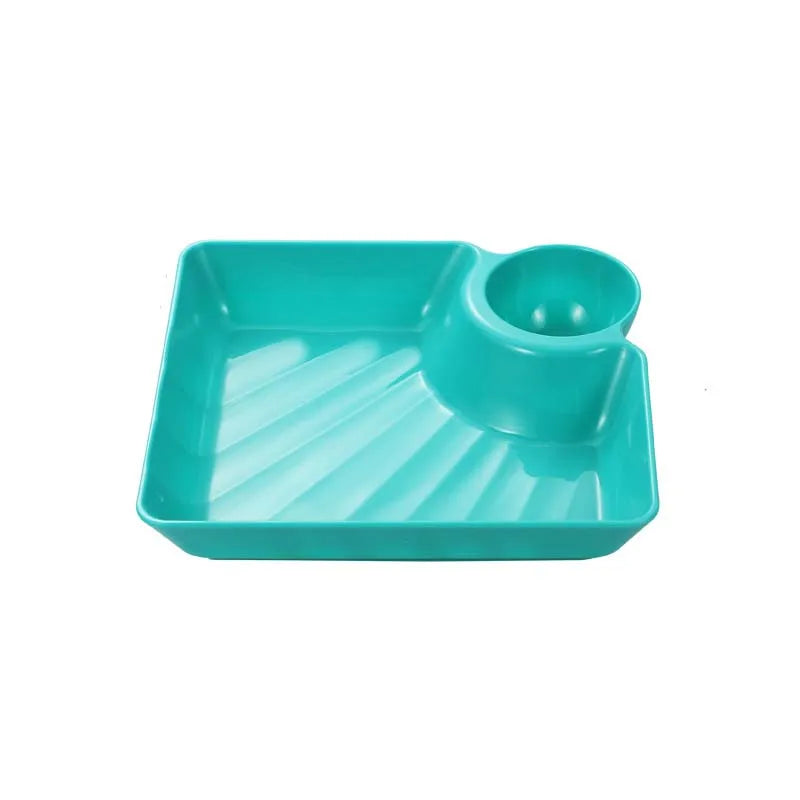 Plastic Serving Plate with Sauce Holder – Square Snack Tray for Dumplings, Fries & Party Food