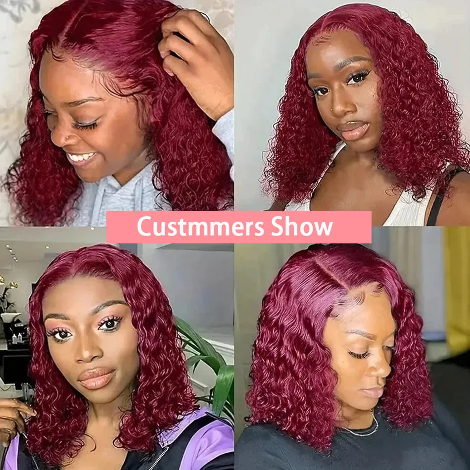 99J Burgundy Short Deep Wave Wig – 13x4 HD Lace Front, Glueless Brazilian Human Hair (14 Inch)