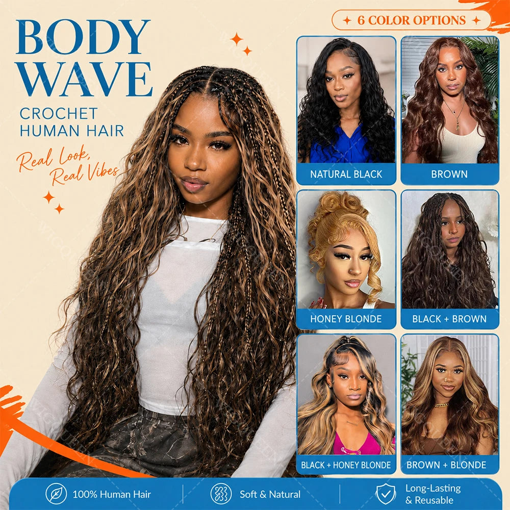 15A Body Wave Crochet Hair Extensions – Remy Human Hair Knotless Pre-Separated Miracle Knot Boho Braids
