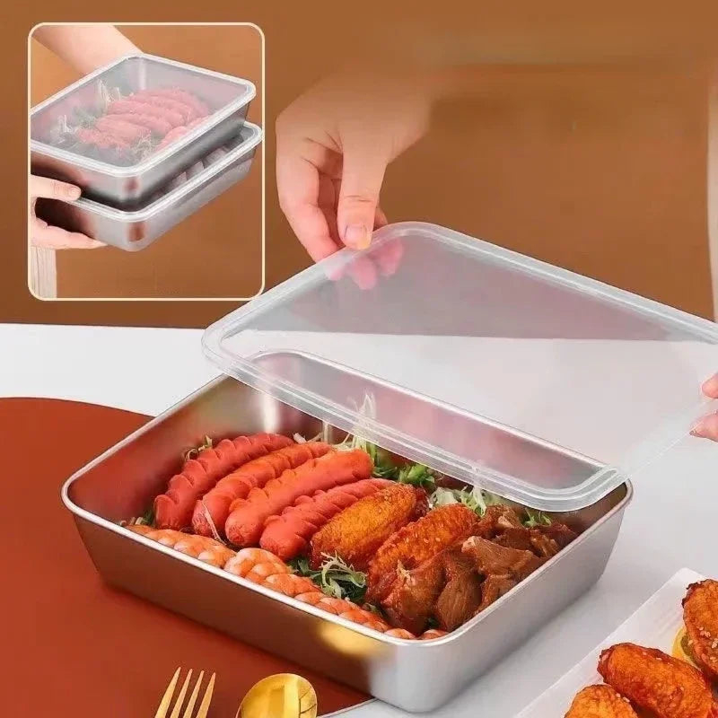 3PCS Stainless Steel Square Plates with Lids – Food Grade Multi-Purpose Set for BBQ, Steaming & Cold Dishes