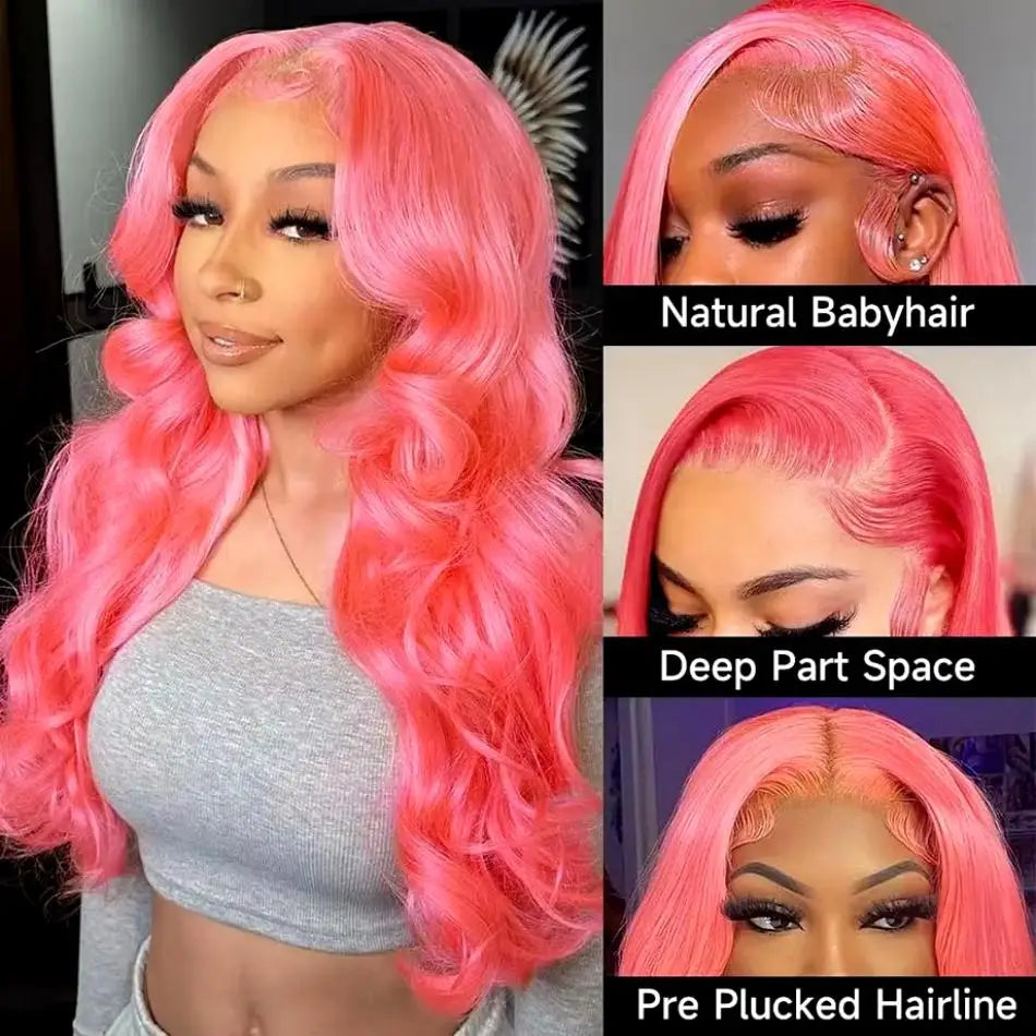 Loose Body Wave Light Pink HD Lace Front Wig – 13×6/13×4 Brazilian Human Hair, Pre-Plucked, 36 Inch