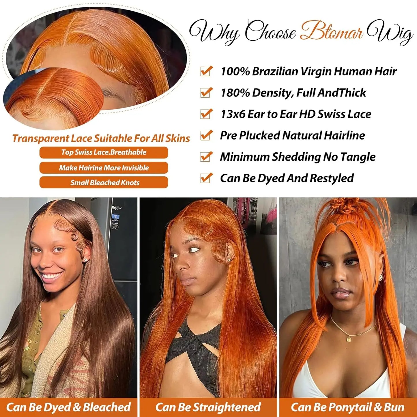 Ginger 13x6 HD Lace Front Wig – 100% Human Hair, Straight #350 Color, Pre-Plucked Hairline (220% Density)