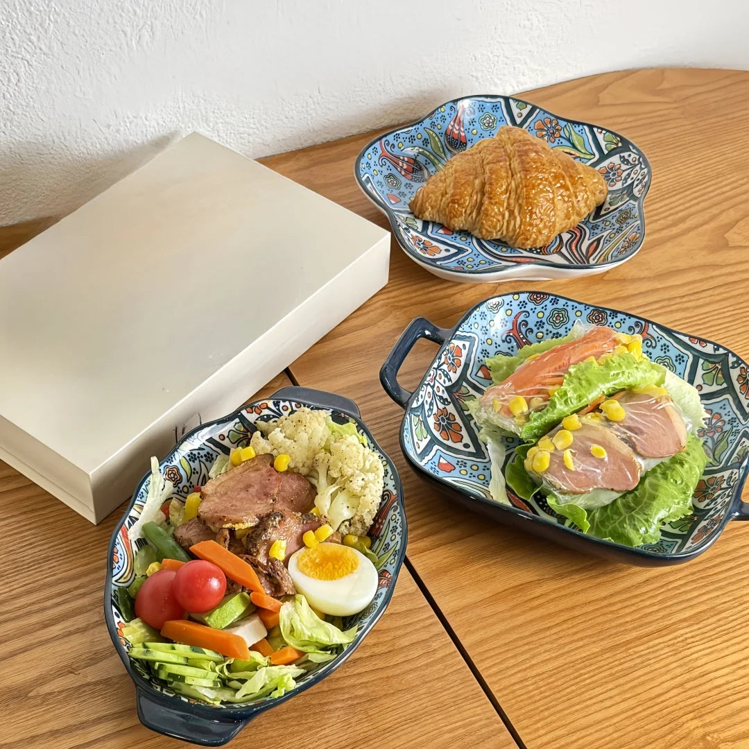 Bohemian Ceramic Plate Set – Double-Eared Fish Plates & High-Value Salad Dish for Home Dining and Cooking
