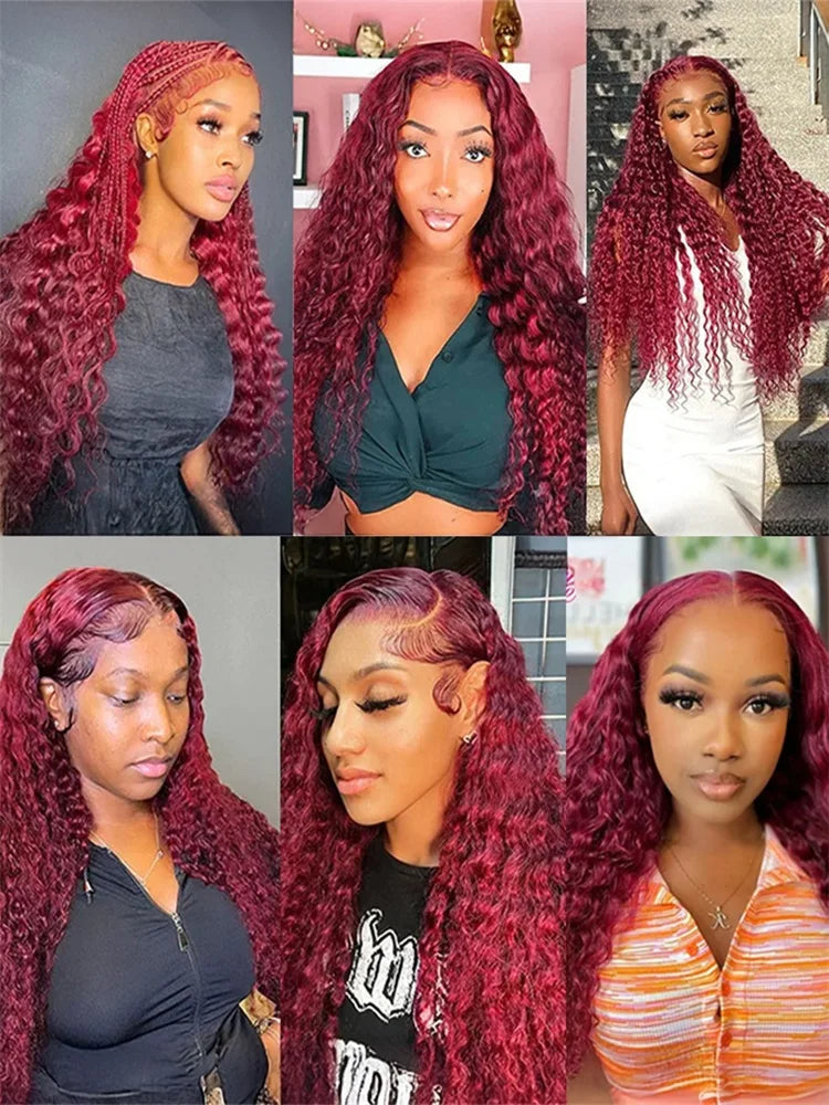 99J Burgundy Deep Wave HD Lace Front Human Hair Wig (13x6 / 13x4, Brazilian Remy, 30–40”)