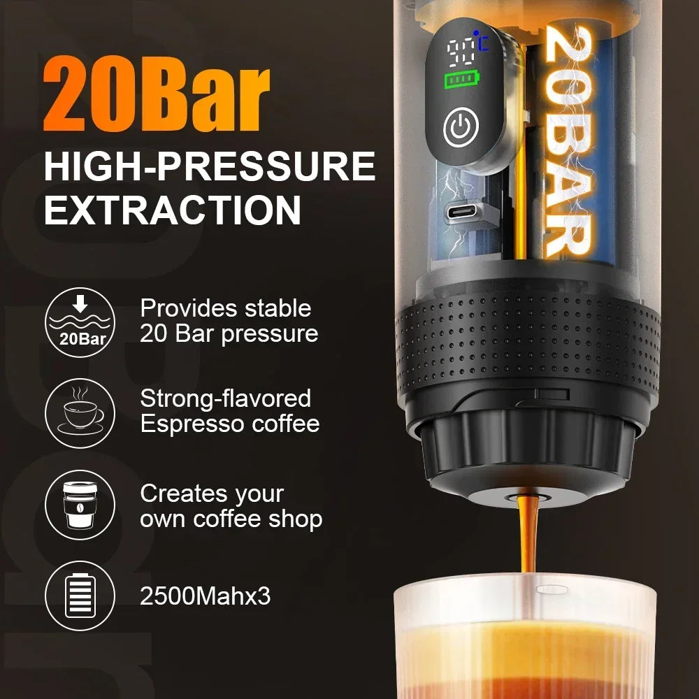 Portable 3-in-1 Espresso Coffee Maker — Digital Display Capsule Machine for Car, Home & Camping