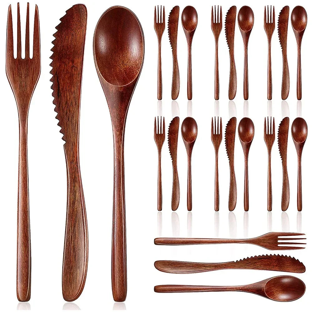 Wooden Spoon & Fork Set – 12/24PCS Natural Eco-Friendly Tableware