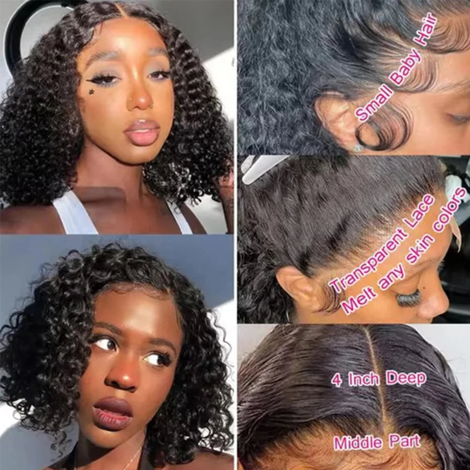 100% Brazilian Curly Lace Front Wig – Glueless Short Bob Deep Water Wave 13×4 HD Lace Frontal Human Hair Wig