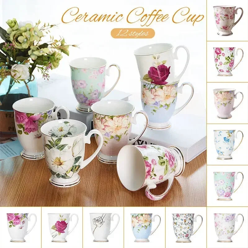 Vintage Floral Ceramic Coffee Mug – Elegant Handgrip Cup for Home & Office