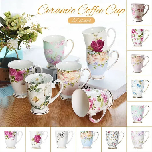 Vintage Floral Ceramic Coffee Mug – Elegant Handgrip Cup for Home & Office