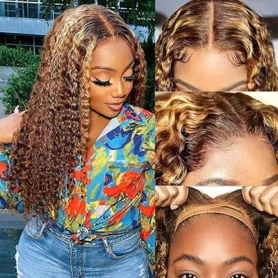 16" P4/27 Honey Brown Highlight Curly Bob Human Hair Wig (5x5 Glueless Transparent Lace)