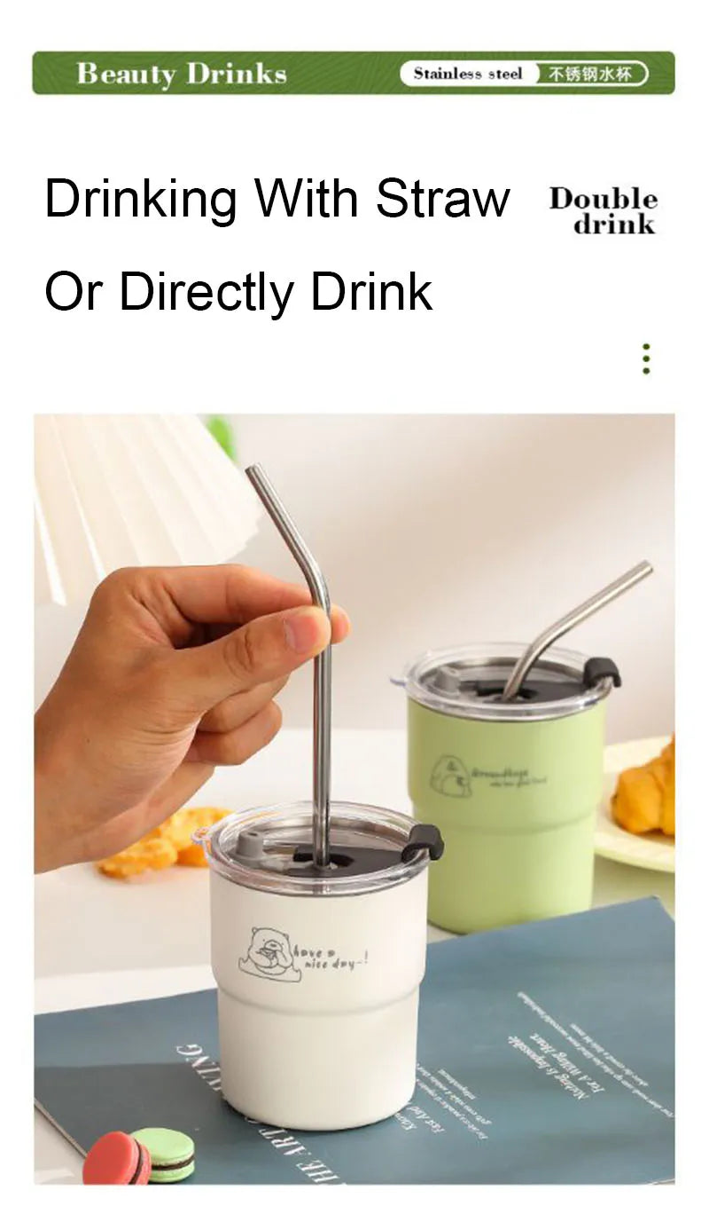 300ml Stainless Steel Tumbler with Straw & Lid – Portable Coffee Travel Mug