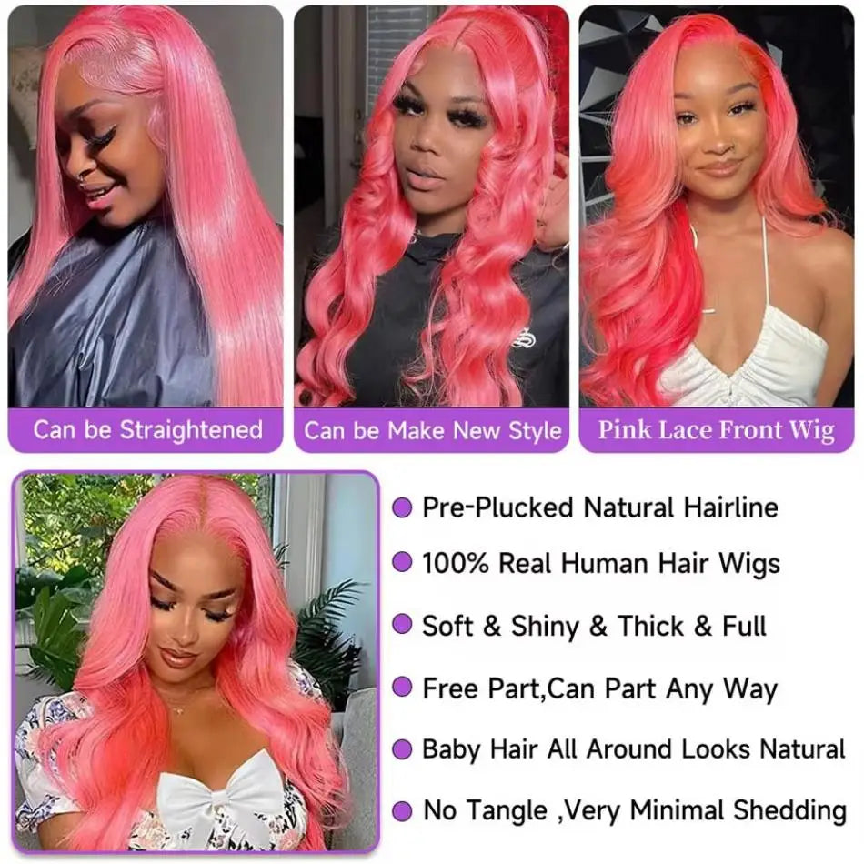 Loose Body Wave Light Pink HD Lace Front Wig – 13×6/13×4 Brazilian Human Hair, Pre-Plucked, 36 Inch