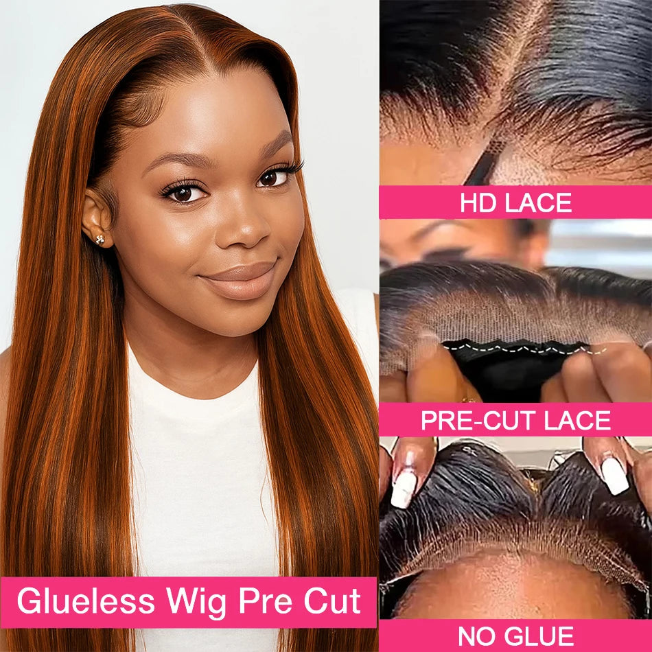Brown Ginger Highlight Straight Wig – 5x5 Glueless & 13x4 HD Lace Front Human Hair