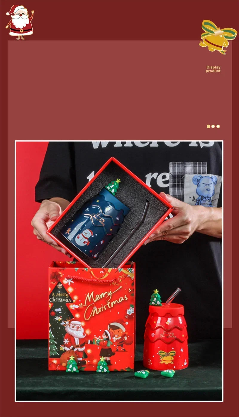 🎅 Christmas Ceramic Mug with Lid & Straw – Santa, Snowman & Tree Design Gift Cup