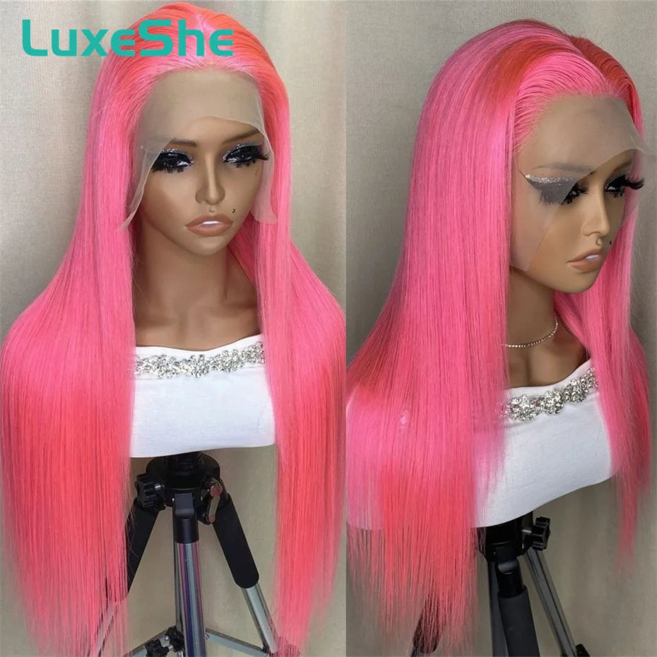 Pink HD Straight Lace Front Human Hair Wig 13x6 – Pre Plucked Baby Hair, 180% Density