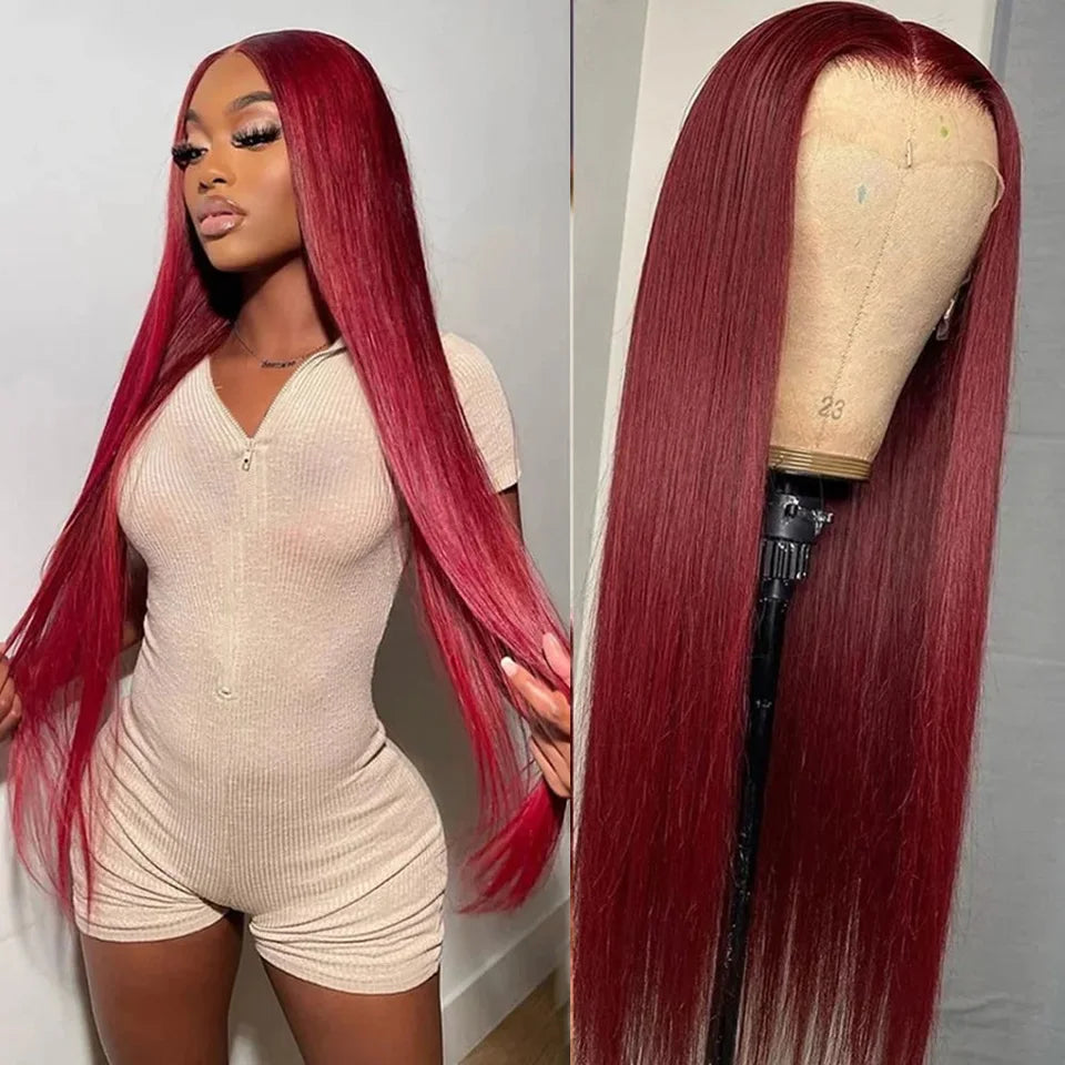 Burgundy Red Straight HD Lace Front Human Hair Wig – 100% Brazilian, 13x6/13x4/4x4 Options