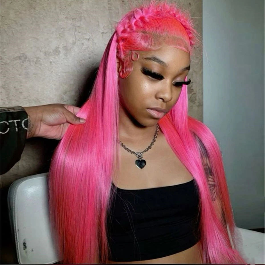 Pink HD Straight Lace Front Human Hair Wig 13x6 – Pre Plucked Baby Hair, 180% Density