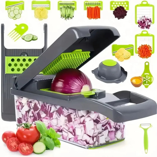 Multifunctional Vegetable Chopper 14/16-in-1 | Food Slicer, Dicer & Grater with Container – Stainless Steel Blades