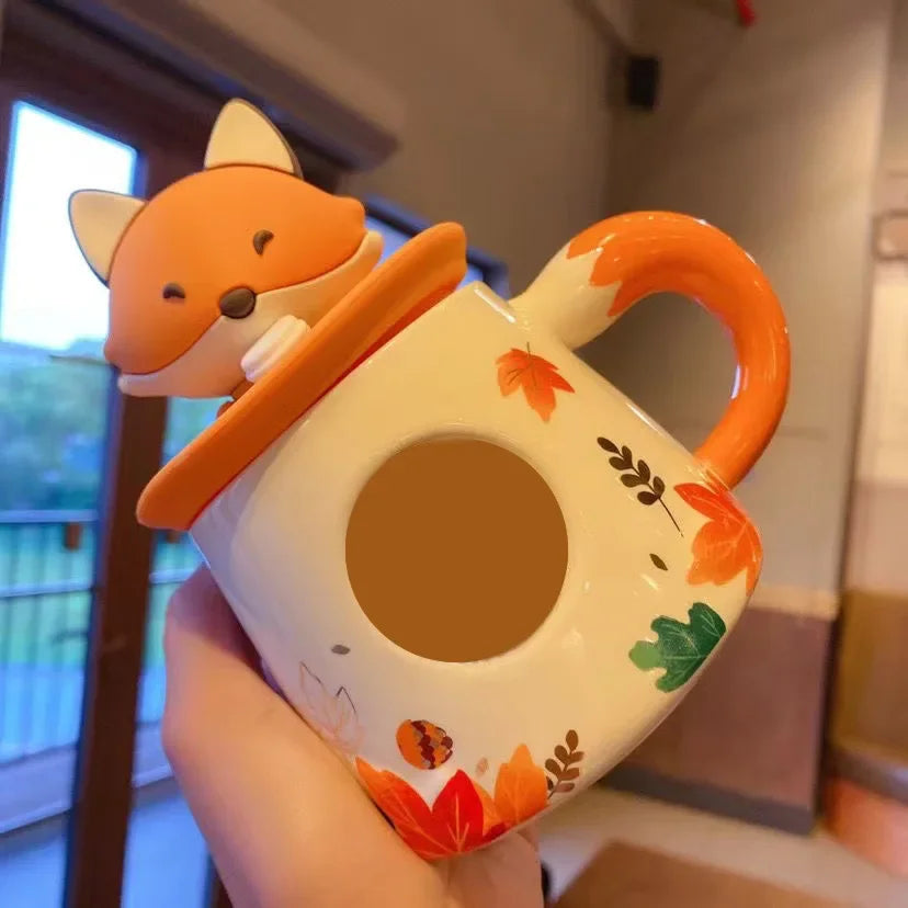 Autumn Forest Animal Ceramic Mug with Lid – Cute Fox, Rabbit & Squirrel Cup