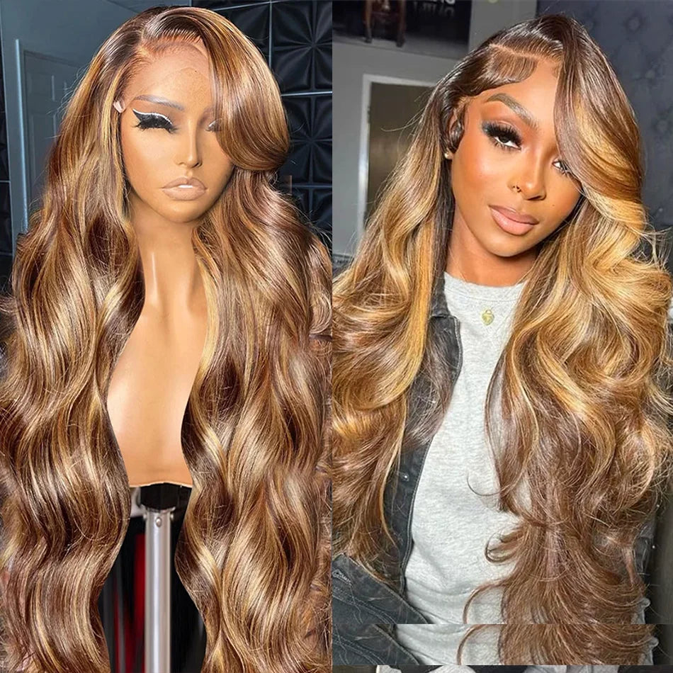 Honey Blonde Highlight Body Wave Wig – 13x6 HD Lace Frontal & 4x4/5x5 Closure, 100% Brazilian Human Hair (26"+)