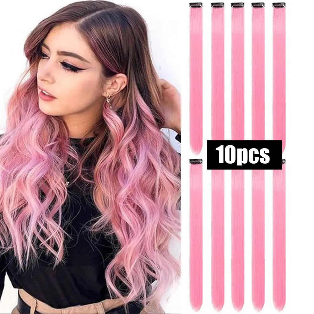 Colored Highlight Clip-In Hair Extensions | Synthetic Straight | 10pcs | Multi-Color | Party & Cosplay