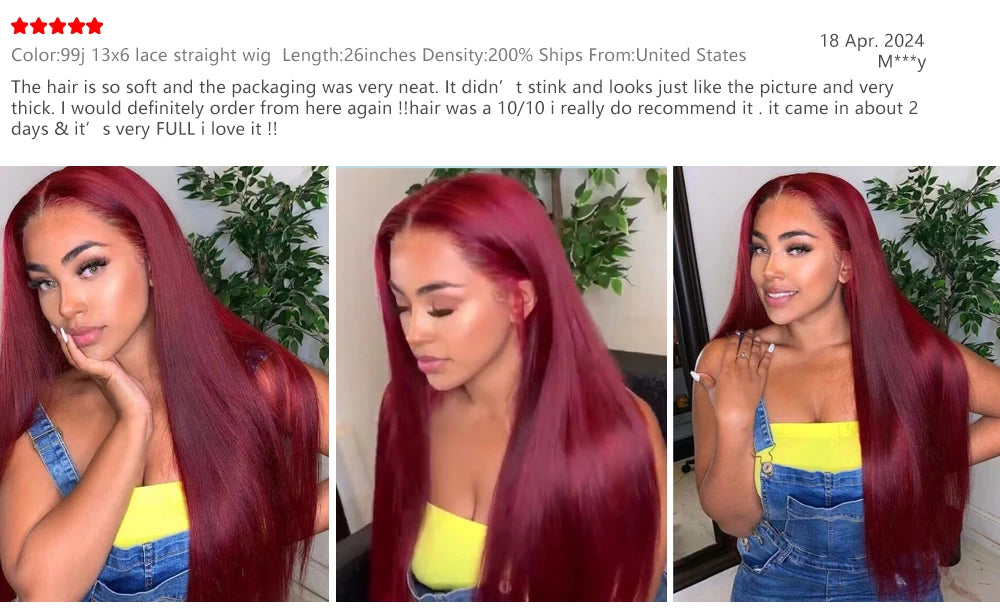 Burgundy 13x6 HD Lace Frontal Human Hair Wig Straight wig 13x4 Lace Front Human Hair Wigs For Women 99J Colored 200 High Density