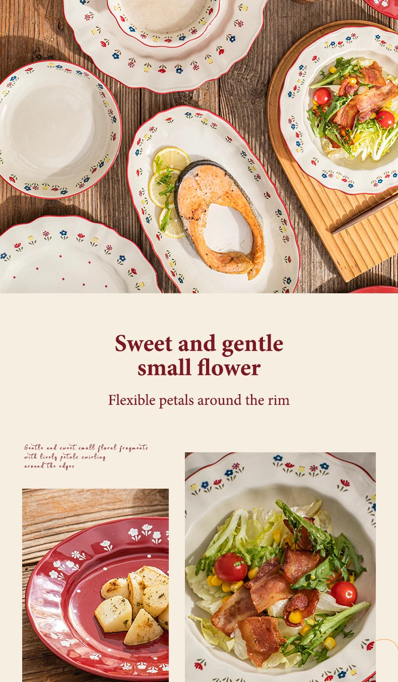 Vintage Floral Ceramic Dinnerware Set – Retro Soup Bowls, Salad & Pasta Plates, Microwave Safe Porcelain Tableware