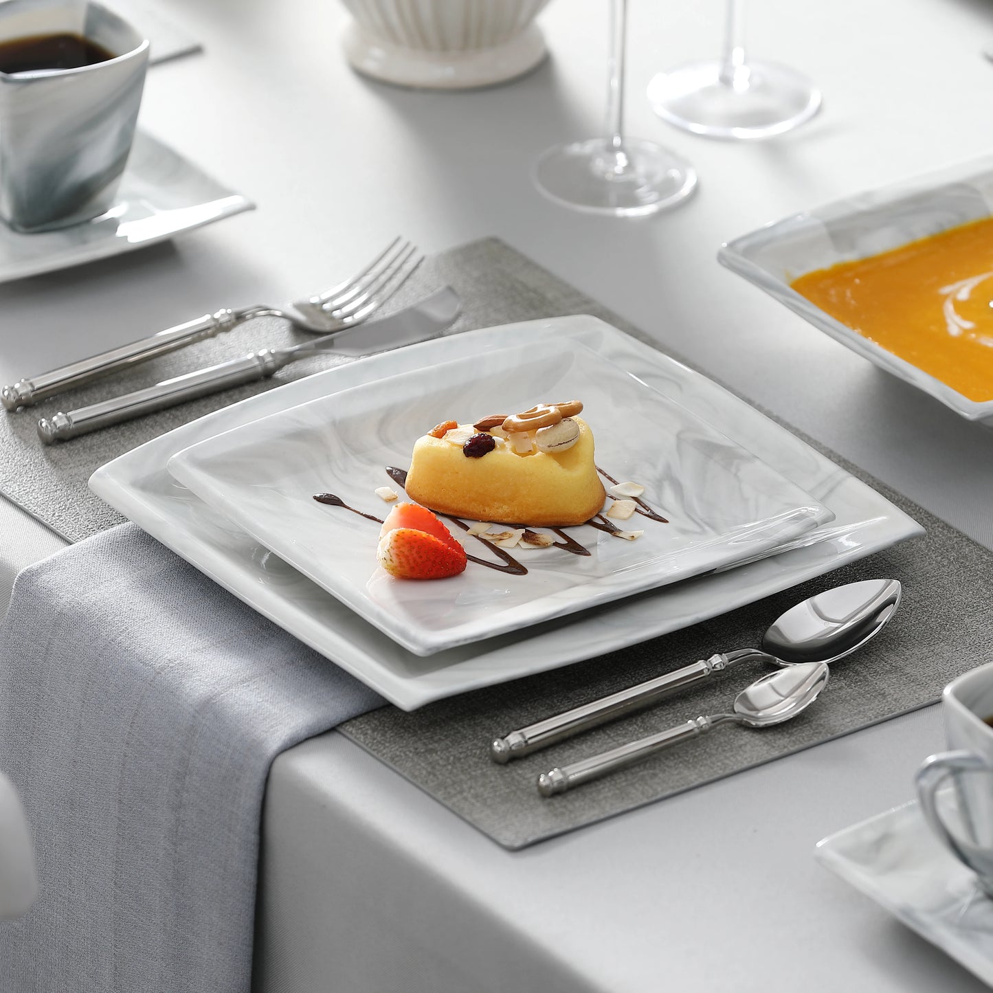 MALACASA 30/60-Piece Marble Grey Porcelain Dinnerware Set | Modern Tableware for 6–12 Persons with Plates, Cups & Saucers