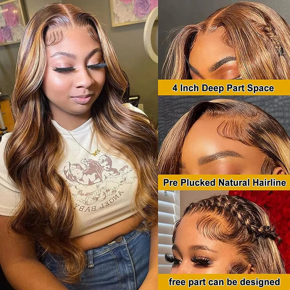 1B/30 Black Brown Body Wave 13x6 HD Lace Front Human Hair Wig (P427 Highlight Ombre, Remy Brazilian Hair)