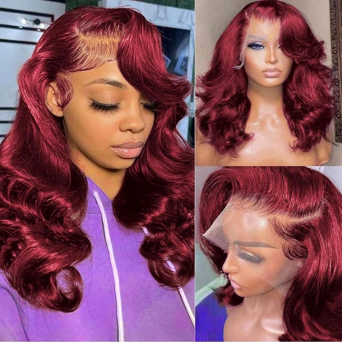99J Burgundy Body Wave Short Bob Human Hair Wig (13x4 Transparent Lace Front, 250% Density)
