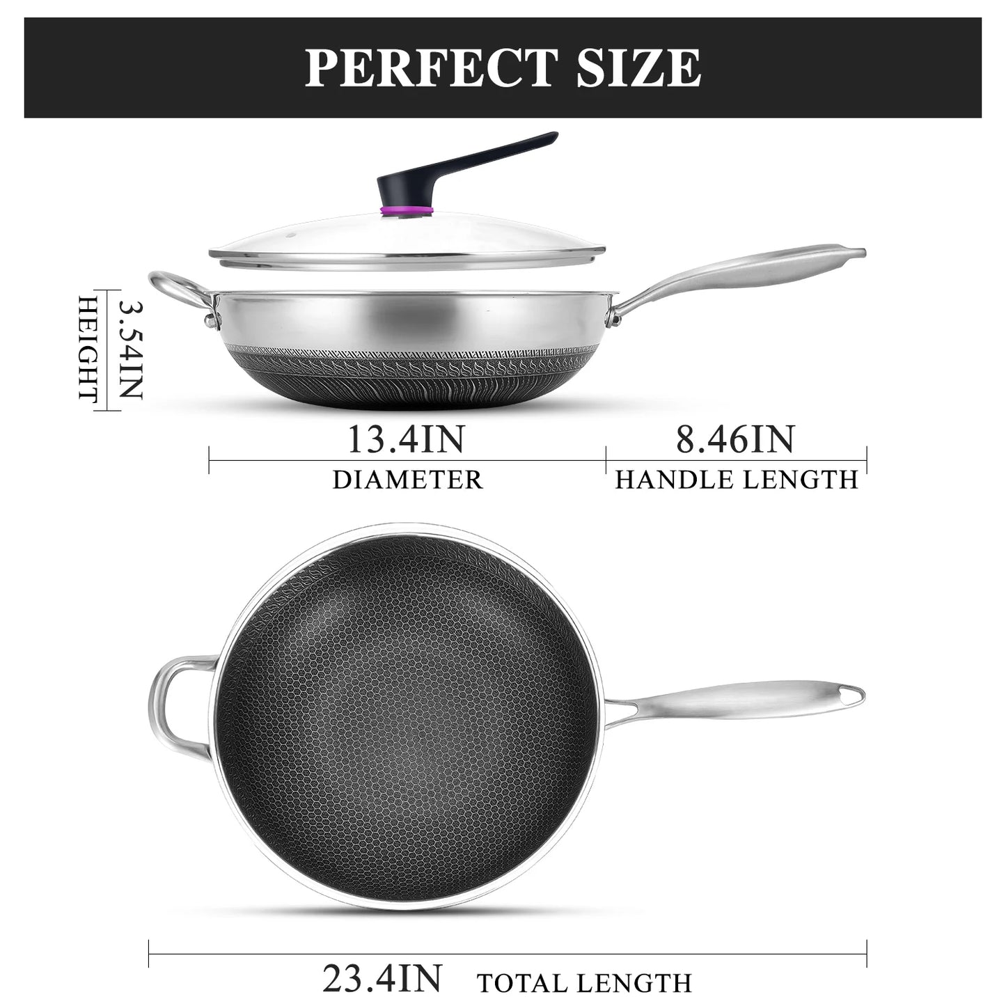 13-Inch Hybrid Stainless Steel Wok with Lid – PFOA-Free Nonstick Cookware