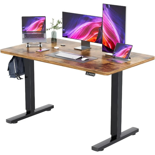 55" Height Adjustable Electric Standing Desk – Rustic Brown Top, Black Leg | Home Office Computer Workstation