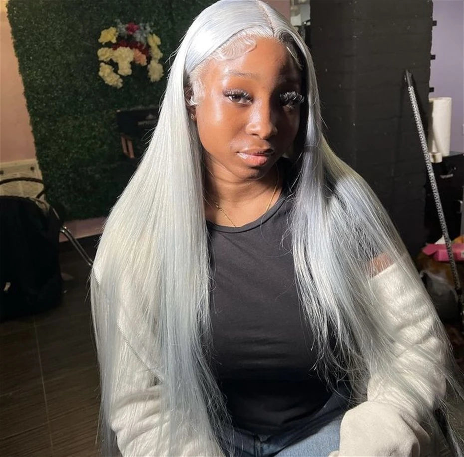 Transparent 13x6 Silver Grey Body Wave Human Hair Lace Front Wig – Pre-Plucked, 250–300% Density, Long Remy Brazilian Hair