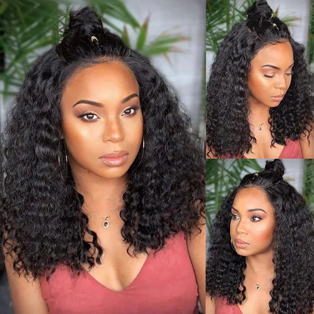 Deep Wave Bob Human Hair Wig 13x4 Invisible Transparent Lace Front (200% Density, #1B Natural Black)